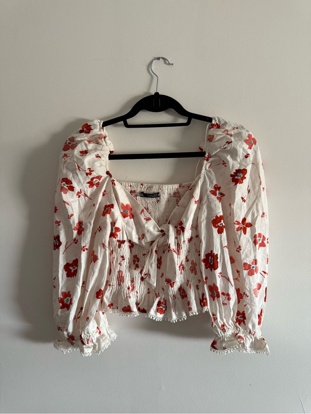 Zara White and Floral Top and Tie Front